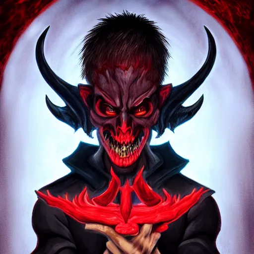 Image similar to the _ devil _ holding _ a _ skull _ red _ horns _ ominous _ fiery _ background _ symmetrical _ detailed _ face _ despair _ highly _ detailed _ high _ resolution _ sandro _ botticel