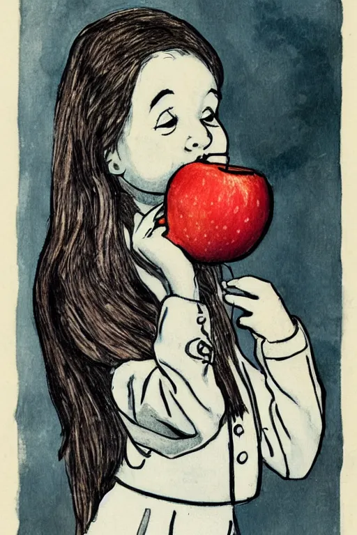 Prompt: a girl eating an apple by dr. suess