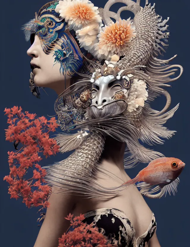 Image similar to 3 d goddess close - up frontal portrait with ram skull. beautiful intricately detailed japanese crow kitsune mask and clasical japanese kimono. betta fish, jellyfish phoenix, bio luminescent, plasma, ice, water, wind, creature, artwork by tooth wu and wlop and beeple and greg rutkowski