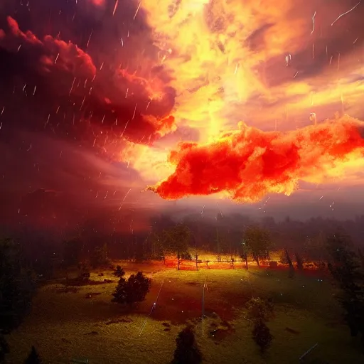 Prompt: falling down burning clouds, thunder and fire rain, 4k, post-processing, very very detailed, artstation, cute