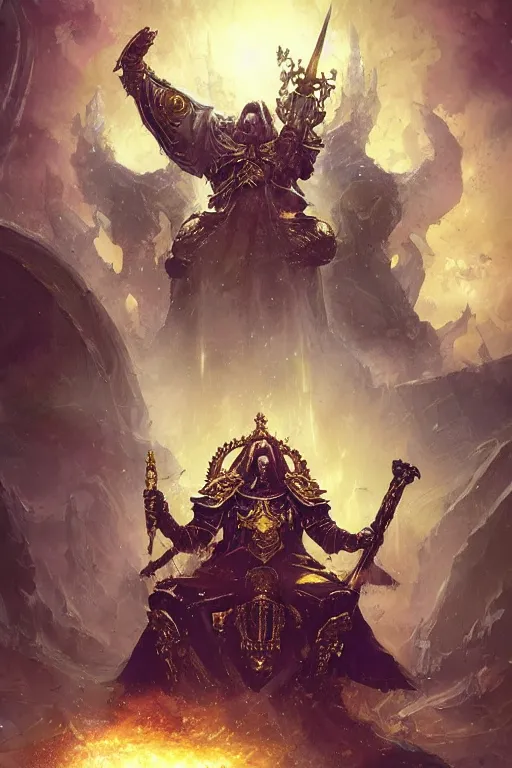 Image similar to the emperor of mankind on his golden throne, the corpse emperor, hearthstone art style, epic fantasy style art by Craig Mullins, fantasy epic digital art, epic fantasy card game art by Greg Rutkowski