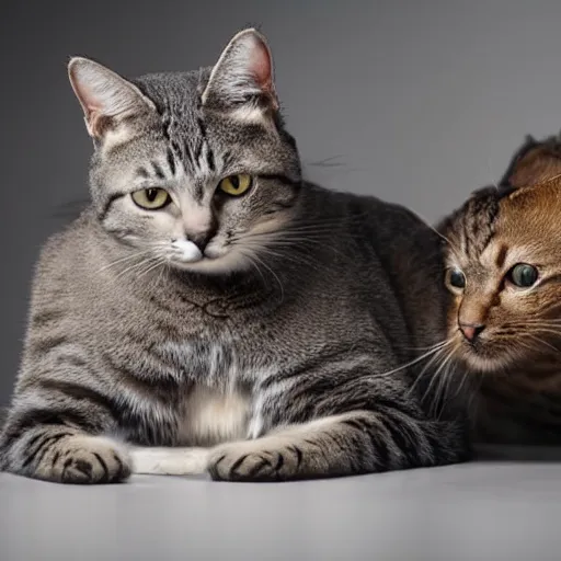 Prompt: close - up photograph of a cat conversing pleasantly with a rat, studio lighting