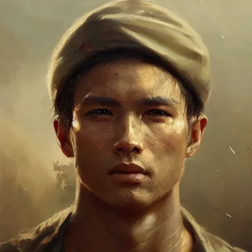 Prompt: a dramatic epic ethereal portrait of a Vietnam War soldier, young male, detailed face, cinematic lighting, highly detailed oil on canvas painting by Greg Rutkowski, winning-award digital art trending on Artstation H 1024 W 832