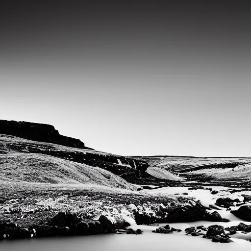 Image similar to minimalist black and white photograph of an icelandic valley, time exposure, of a river, sharp tall pillars, sharp rocks