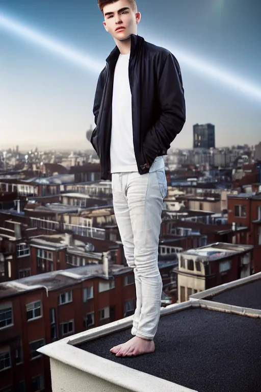 Image similar to un ultra high definition studio quality photographic art portrait of a young man standing on the rooftop of a british apartment building wearing soft padded silver pearlescent clothing. three point light. extremely detailed. golden ratio, ray tracing, volumetric light, shallow depth of field. set dressed.