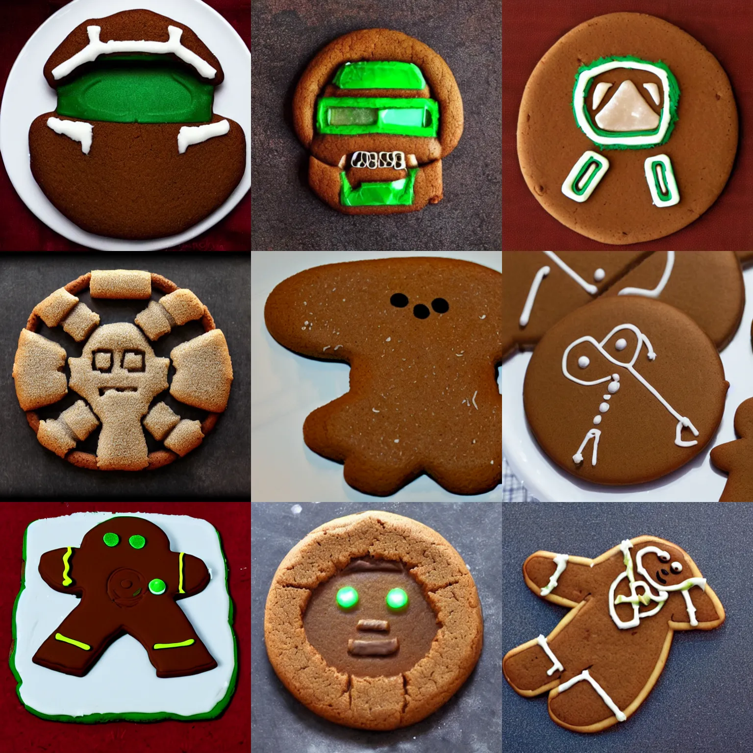 Prompt: a gingerbread cookie of master chief halo