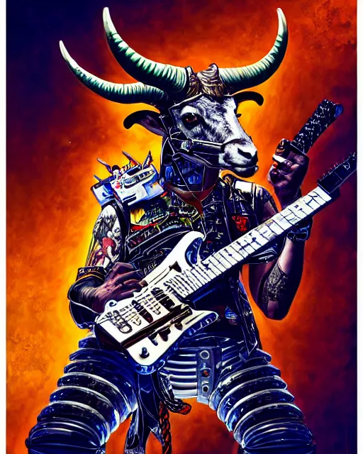 Image similar to a portrait of an anthropomorphic cyberpunk horned goat shredding an electric guitar by sandra chevrier, by jon foster, detailed render, epic composition, cybernetics, 4 k realistic, cryengine, realistic shaded lighting, sharp focus, masterpiece, by enki bilal