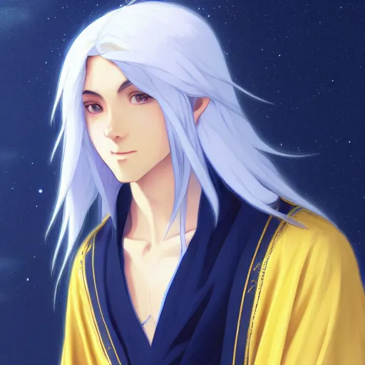 Prompt: card art of a young man wizard with long white hair wearing blue and golden robes, makoto shinkai, very detailed, realistic face, detailed face, matte, tonemapping, bbwchan, perfection, 4K, William-Adolphe Bouguereau