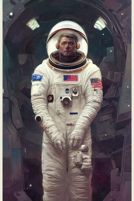 Image similar to A full portrait of a 2001 Space Odyssey Astronaut, intricate, elegant, highly detailed, digital painting, artstation, concept art, smooth, sharp focus, illustration, art by Krenz Cushart and Artem Demura and alphonse mucha