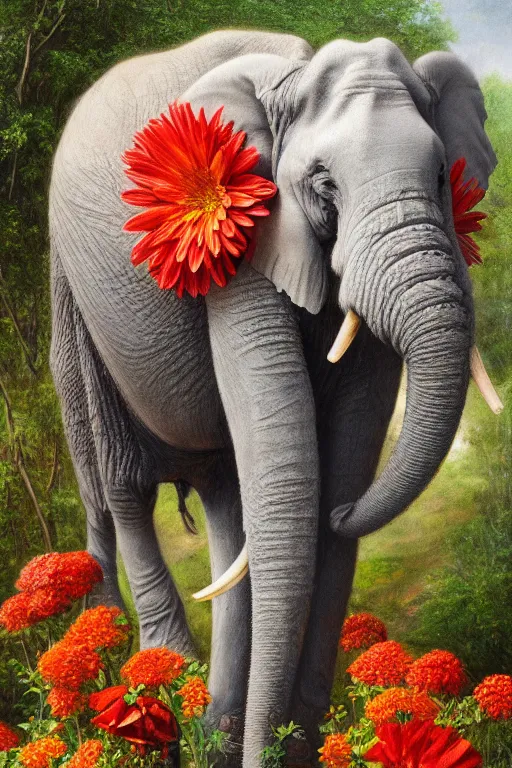 Prompt: elephant holding flowers in its trunk, oil on canvas, intricate, portrait, 8 k highly professionally detailed, hdr, cgsociety