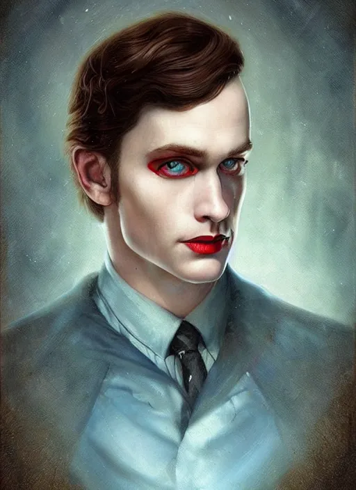 Prompt: a sinister portrait of a man with beautiful blue eyes and short brown hair, art by manuel sanjulian and tom bagshaw