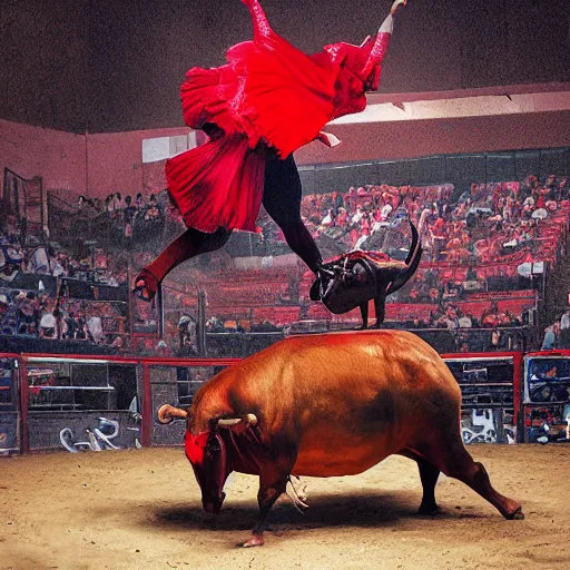 Prompt: electric red by frieke janssens, by glen fabry. a mixed mediart of a bullfight in spain. the mixed mediart is set in an arena with spectators in the stands. several figures in the mixed mediart, including a matador & a bull.