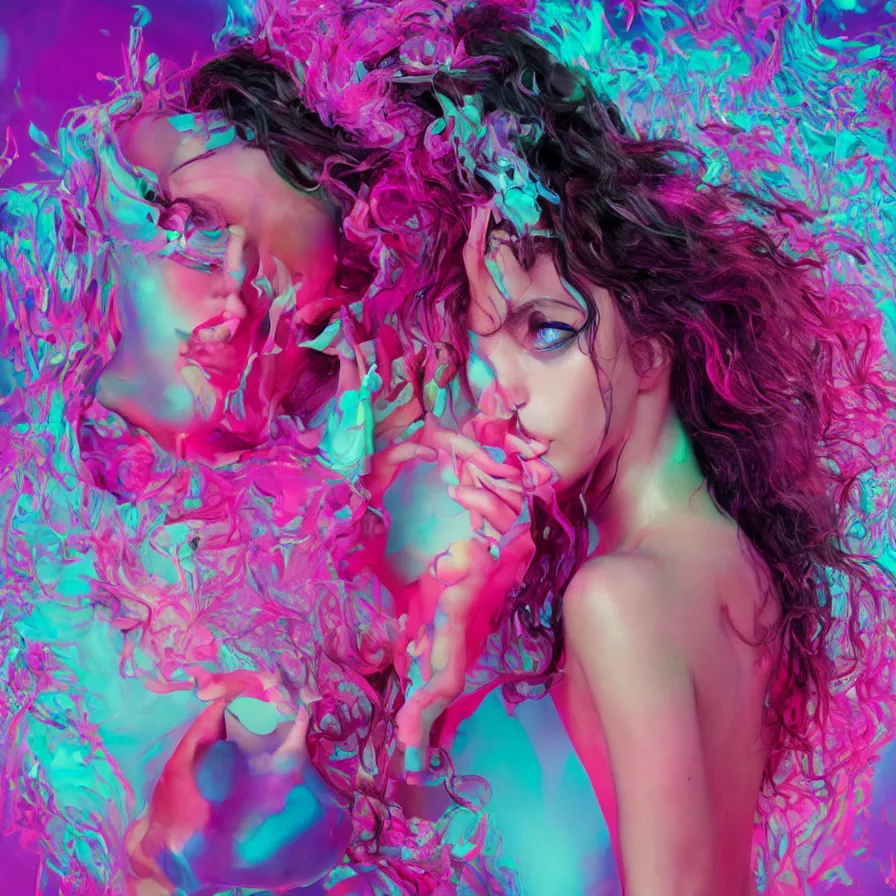 Prompt: flume_and flume_and_former_cover_art_future_bassgirl_unwrapped_statue_bust_curls_of_hair_petite_lush body_photography_model _body_art_futuristic hard_material simple background style of Jonathan Zawada Thisset vivid colours