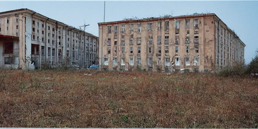 Prompt: a 1 9 9 0 s digital photo of an eastern european high school, probably russia, ukraine or poland abandoned after a war. russian graffiti is seen on the walls of the building, abandoned cars on the parking lot.