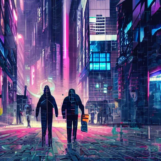 Image similar to people running away from crypto scared, cyberpunk art