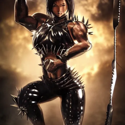 Image similar to warrior girl, muscular girl, wild spiky black saiyan hair, long spiky hair, electrified hair, wearing chrome silver armor and black spandex pants, ultra realistic, intricate details, highly detailed, subsurface scattering, photorealistic, octane render, 8 k, art by artgerm, greg rutkowski, magali villeneuve, alphonse mucha