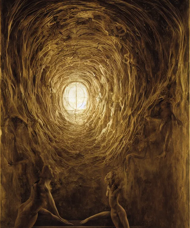 Image similar to The transparent room without doors and windows with beautiful full-body wax sculpture of the glowing transparent woman with visible golden bones inside it in the singularity where stars becoming baroque folds of dark matter by Michelangelo da Caravaggio, Nicola Samori, William Blake, Alex Grey and Beksinski, dramatic volumetric lighting, highly detailed oil painting, 8k, masterpiece