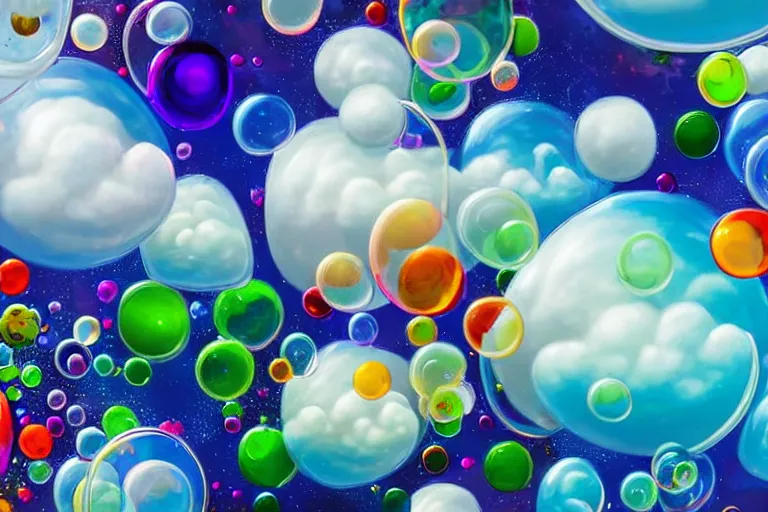 Prompt: a flock of many puffy glossy white transparent clouds tangled into large ornate twisting blobs of glass, abstract environment, colorful bubbles, playful, award winning art, epic dreamlike fantasy landscape, ultra realistic,