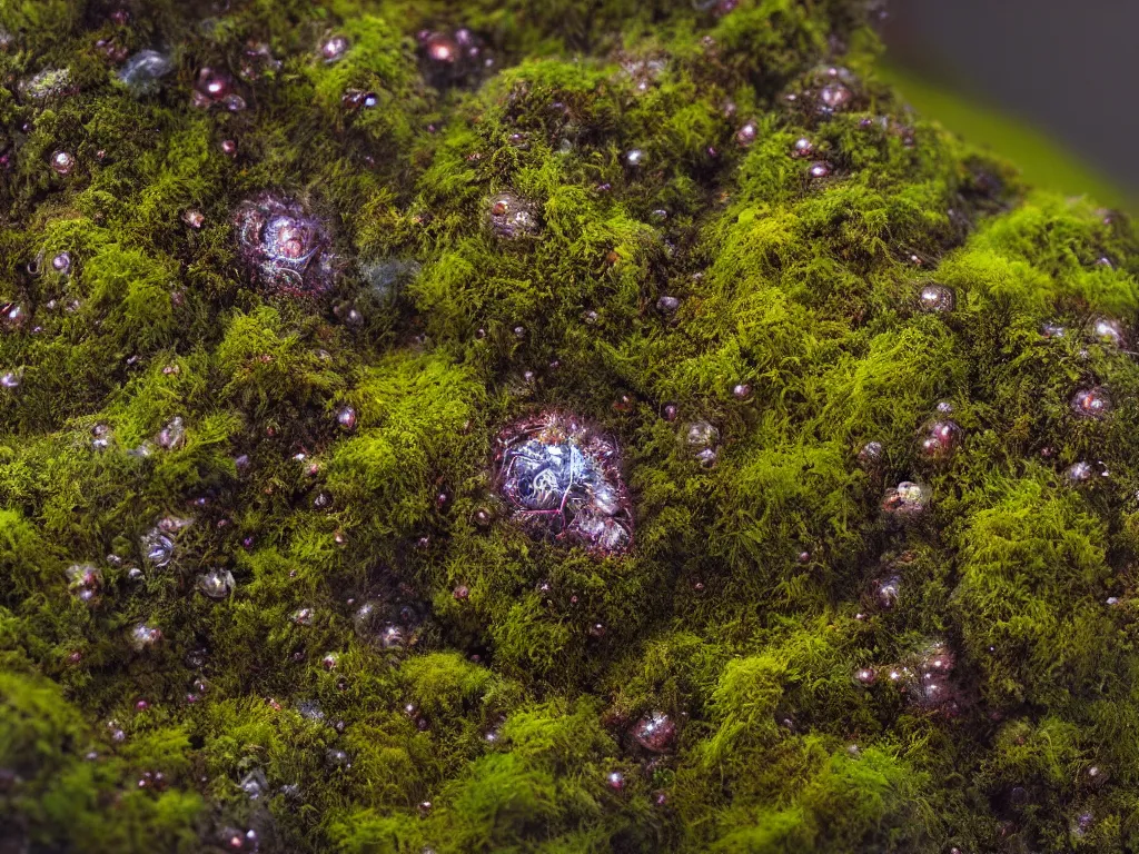 Image similar to a beautiful macro photography of moss with alien fungus, hyperdetailed, warm volumetric lights , made by Gerald Brom and Mike Winkelmann