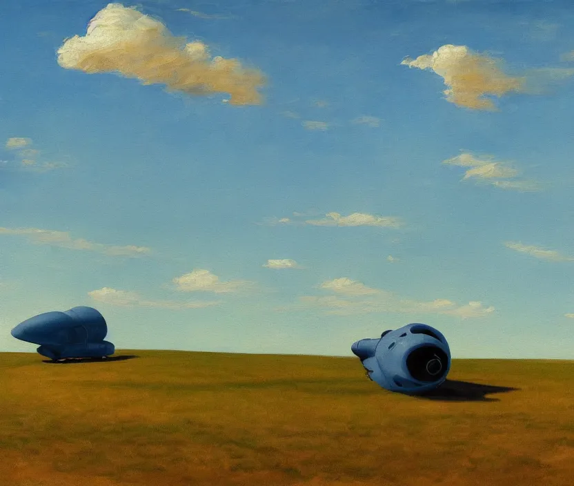 Image similar to a very detailed painting of a spaceship on a field, baby blue sky with very aesthetic clouds, in the style of edward hopper and huggo pondz, very fine brushstrokes, 4 k,