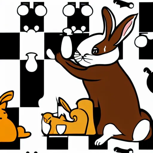 Prompt: A cat playing chess with a bunny rabbit. Symmetrical.