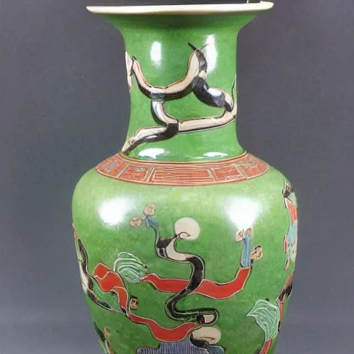 Prompt: vase work, Ancient vase art of Sullivan, mosters inc in art style of chinese art, fragmented clay firing chinese vase with an James P. Sullivan in the style of ancient chinese art, ancient chinese art!!!!! chinese art