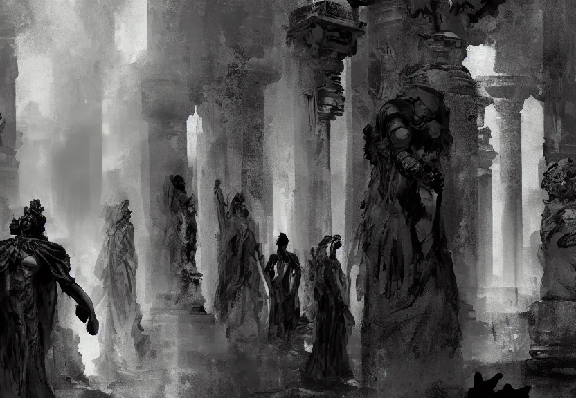 Image similar to painting of the dark figures of four people in an ancient greece scenery, high contrast, concept art, town, temple, pillars, dramatic lighting, digital art, 8 k, extremely detailed, drawn by ruan jia