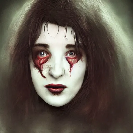 Prompt: Young Kate Bush as a vampire zombie. Hyperrealistic. High definition. Trending on artstation.