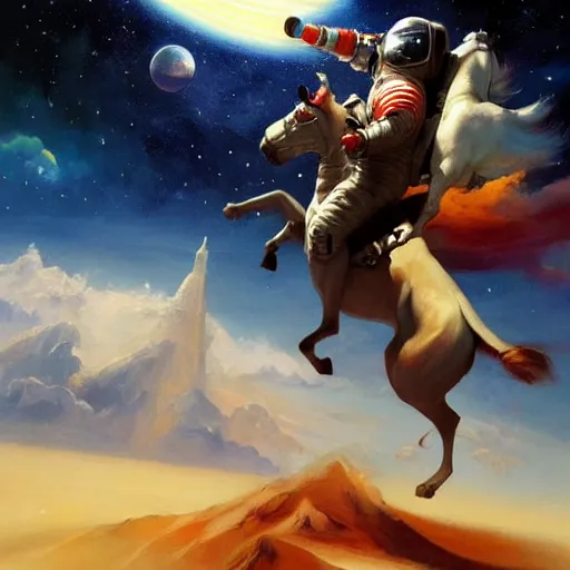 Prompt: An astronaut riding a unicorn in space, oil on canvas by Frank Frazetta, artstation, digital art, WLOP, Mandy Jurgens