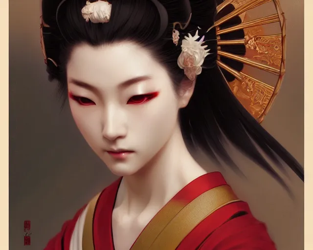 Image similar to photography of japanese geisha, deep focus, d & d, fantasy, intricate, elegant, highly detailed, digital painting, artstation, concept art, matte, sharp focus, illustration, hearthstone, art by artgerm and greg rutkowski and alphonse mucha