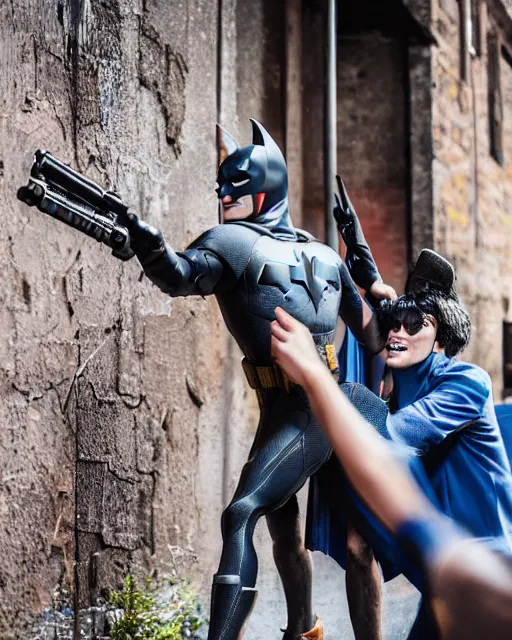 Image similar to happy batman firing super soaker water gun in an alleyway, everyone having fun, toy product advertisement, photography