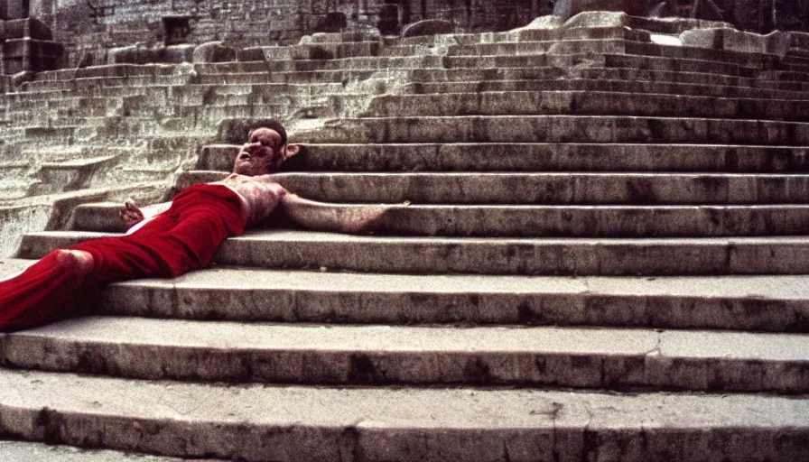 Image similar to 1 9 6 0 s movie still close - up of caligula laying dead on the ancient amphitheater's stairs blood flaque, cinestill 8 0 0 t 3 5 mm, high quality, heavy grain, high detail, dramatic light, anamorphic