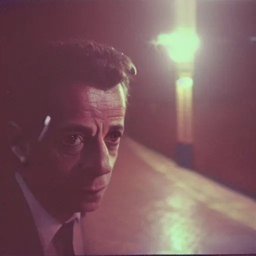 Image similar to 70s movie still of one Nicolas Sarkozy with very detailed face , cinestill 800t 18mm heavy grain, cinematic, dramatic dark lighning, brooklyn neon boards