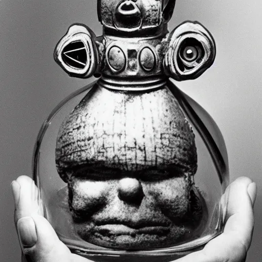 Prompt: A reanimated gnome head in a glass canister that walked on mechanical spider legs, by ansel adams