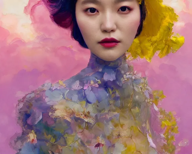 Prompt: lee jin - eun in elegant chic interstellar lush dress emerging from gold gold by martine johanna, michael garmash and katsuhiro otomo, rule of thirds, seductive look, beautiful, cotton candy clouds, puyallup berteronian, himalayan poppy flowers, gorgeous, face anatomy, masterpiece, refined, cute complexity