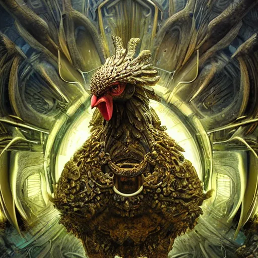 Prompt: A neofuturistic very highly detailed chicken god with very highly detailed face in the beautiful garden in a very highly detailed solarpunk sci-fi city realistic concept art photography by Greg Rutkowski, sci-fi highly detailed, realistic concept art photography, Dimensional cyan gold natural light, cinematic shot, realistic concept art photography by Stephen Hickman and James Gurney and Hiromasa Ogura Ghost in the Shell rendered in Octane Render, From the distance