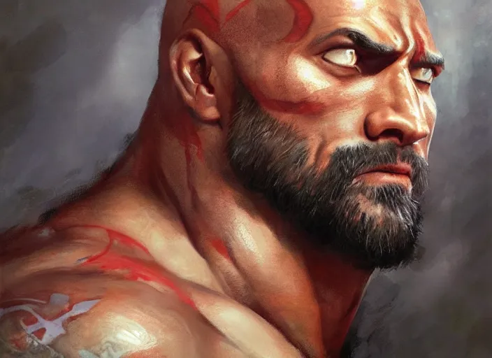 Image similar to a highly detailed beautiful portrait of dwayne johnson kratos hybrid god of war, by gregory manchess, james gurney, james jean, octane, fantasy