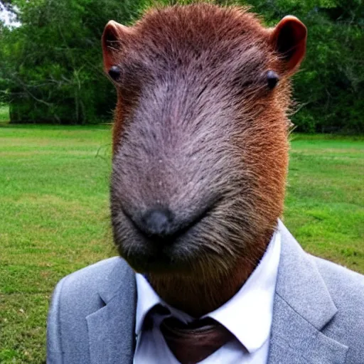 Image similar to capybara head, a man wearing a suit capybara head