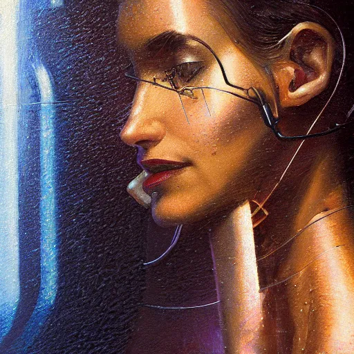 Prompt: detailed face of a biomechanical woman, moment, cyberpunk cloisters, electronic billboards, tech noir, wet reflections, prism, atmospheric, ambient, pj crook, syd mead, livia prima, greg rutkowski, edward hopper