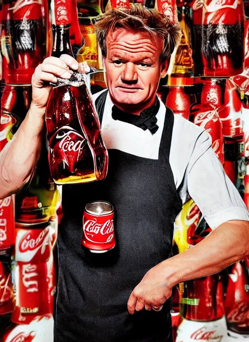 Prompt: Gordon Ramsey chugging an entire 2 liter bottle of coca cola, intense expressionistic photograph, high quality, detailed, sharp