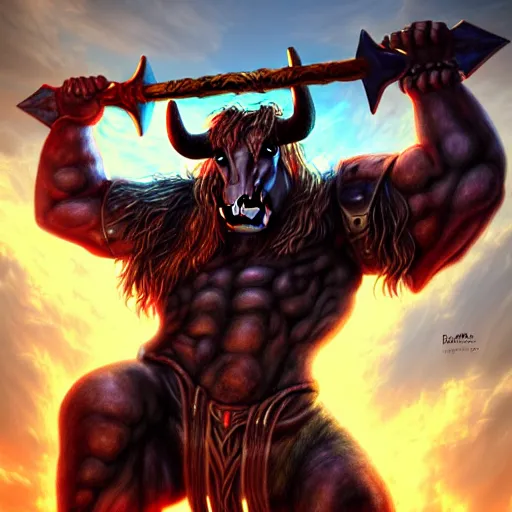 Image similar to epic bull headed minotaur beast in noble armor wielding giant axe, artwork, vivid colors, concept art, greek mythology, detailed, modern design, dark fantasy, digital painting, artstation, d&d