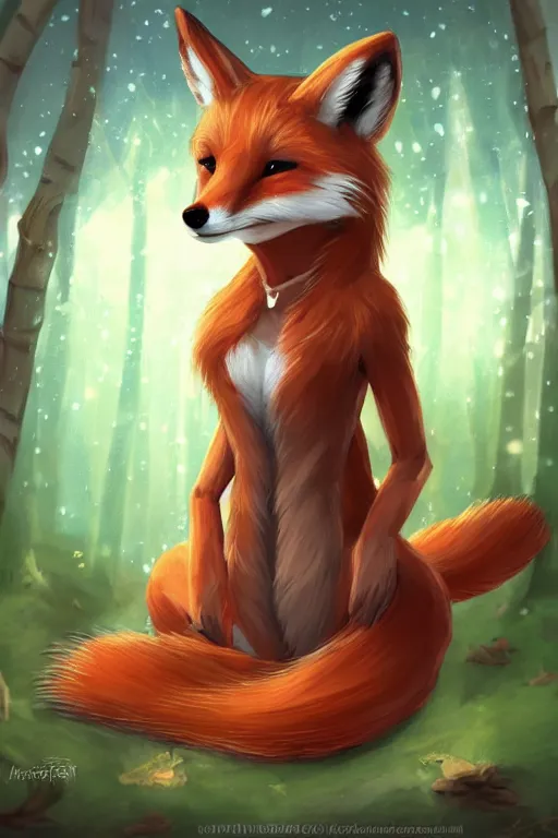 Image similar to a pretty medieval anthropomorphic fox with a fluffy tail in the forest, comic art, trending on furaffinity, cartoon, kawaii, backlighting, furry art!!!, radiant light, bokeh, trending on artstation, digital art