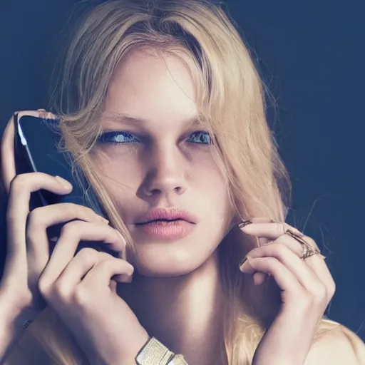 Prompt: agree blonde haired woman using phone, photorealistic, close up, gq magazine, beautiful,