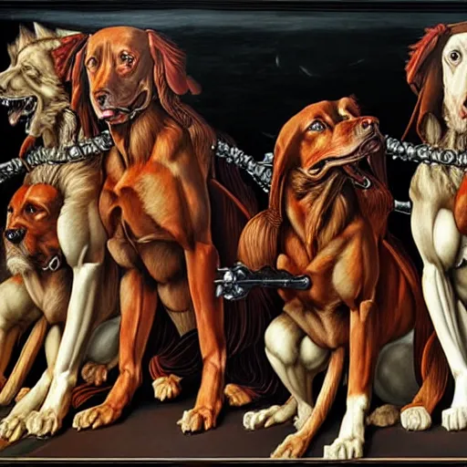 Image similar to Cerberus is member of the English royal family, epic fantasy game portrait, oil painting, hyper detailed, hyper realistic, by Botticelli, portrait