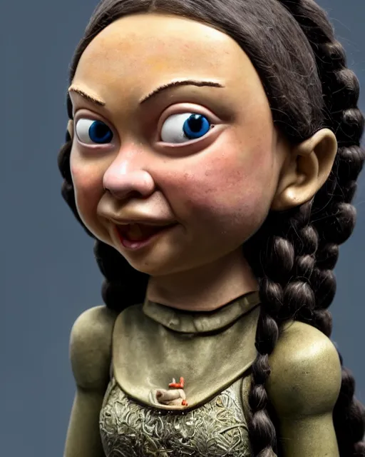 Image similar to highly detailed closeup, face profile portrait of a tin toy greta thunberg as a medieval goblin eating cakes in a castle, bikini, depth of field, nicoletta ceccoli, mark ryden, lostfish, dan decarlo, bob clampett, max fleischer, detailed and intricate environment, 8 k resolution, hyperrealistic, octane render