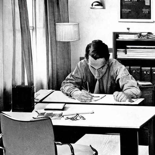 Prompt: despondent cubicle worker hunches over his desk. The desk has three monitors displaying code. By norman rockwell