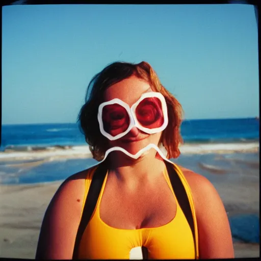 Prompt: A sad woman wearing an inflatable smiley to the beach, 1980, color film expired film, aged photo