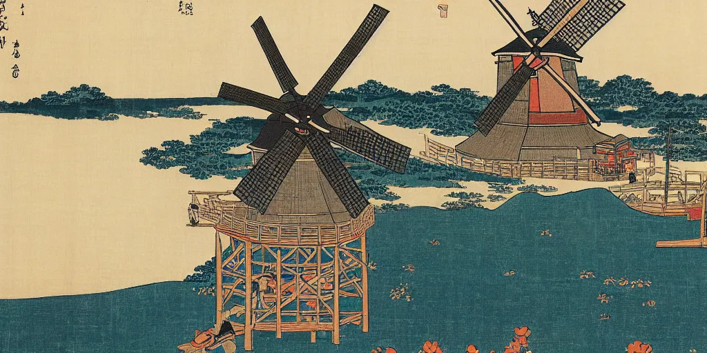 Image similar to ukiyo - e woodblock print of a dutch windmill, by hokusai