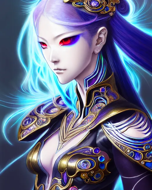 Image similar to anime portrait of an iridescent opal cyborg kunoichi, intricate ornate details, fantasy, elegant, highly detailed, digital painting, artstation, concept art, smooth, sharp focus, illustration, artbook, splash art, promo art, soul calibur, league of legends, art by artgerm and greg rutkowski and bo chen and jin xiaodi