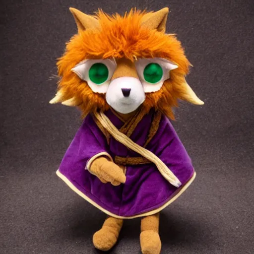 Prompt: dungeons and dragons foxfolk wizard druid as a chibi muppet plush wearing an ethereal star filled mage robes inspired by the star touched elves from dragon prince, photorealistic, photography, national geographic, sesame street